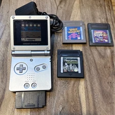 Nintendo Game Boy Advance SP AGS-001 Handheld System Silver w/ cord AND 4 Games