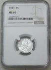 1943 P Lincoln Steel Cent NGC MS65 Bright Luster in Brand New Holder #J216Z