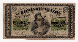 1870 DOMINION OF CANADA TWENTY FIVE 25 CENTS SHINPLASTER BANK NOTE