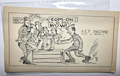 Antique Postcard WW1 Cartoon American Soldiers Playing Games Gambling in France