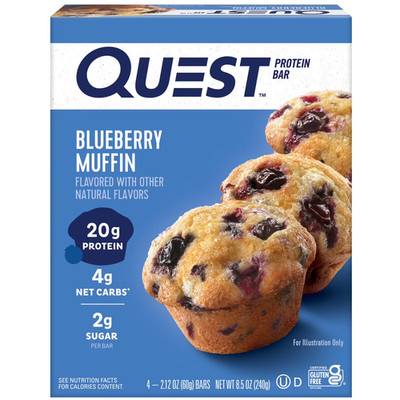 Quest Protein Bar,Blueberry Muffin Flavor, 20g of Protein,Gluten Free, 4 Count.