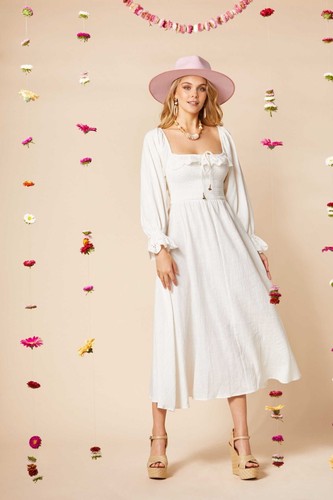 Nine Lives Bazaar ~ Jenny Shirred Dove Dress White Cotton Midi S AU 8 10 US 4 6 - Picture 4 of 17