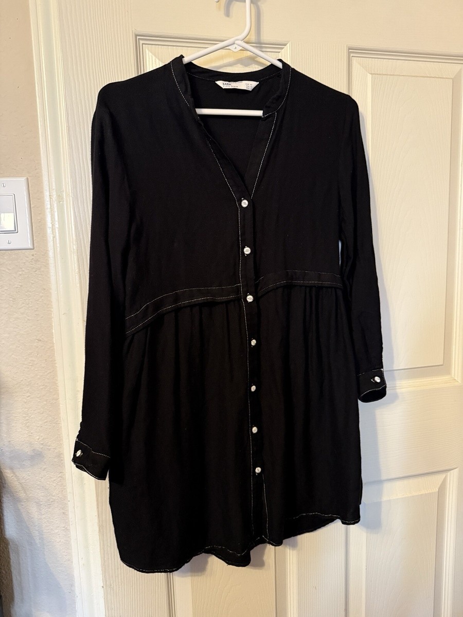Zara Black Shirt Dress Tunic Button Down Contrast Stitching Long