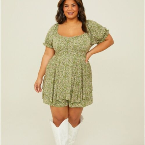 ARULA Women's Green Ditsy Floral Cottagecore Skirted Romper C 3X