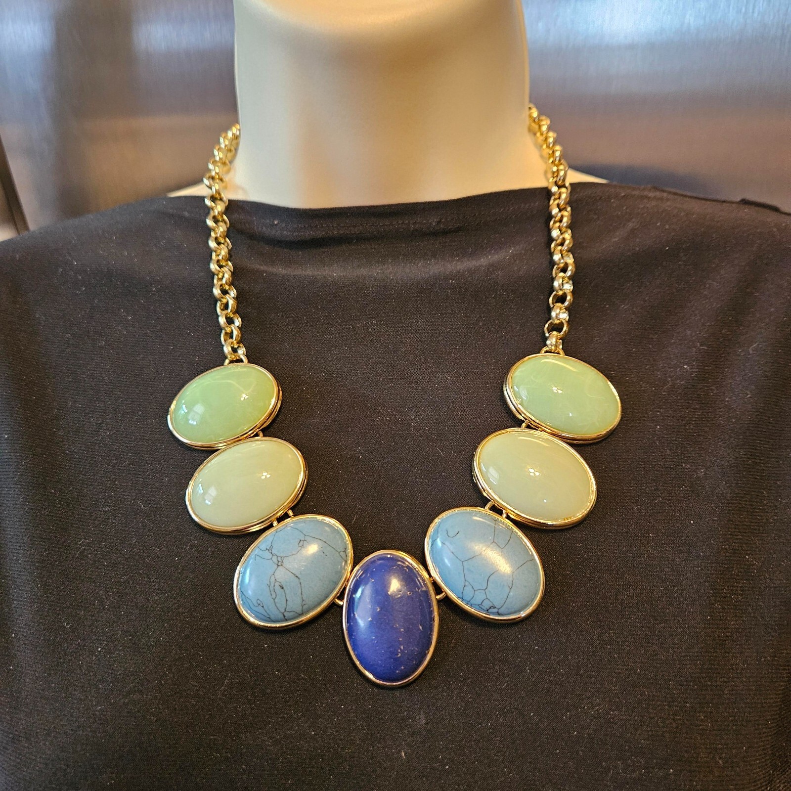 Talbots Neckless Talbots Green Blue Aqua Oval Cabochon Gold Tone Rolo Link Chain 16 ...