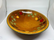 Wood Bowl Hand Painted Flowers Hand Crafted 11" x 3" Tall Vintage