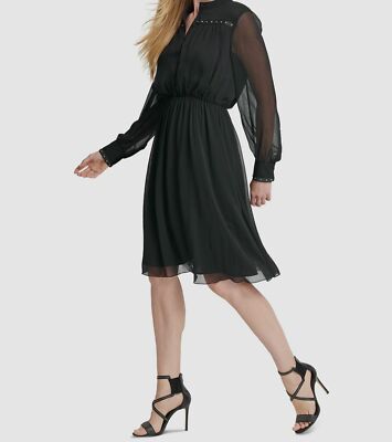 dkny black dress long sleeve DKNY Womens' Black Rib-Knit V-Neck Long-Sleeve Sweater Dress Size L