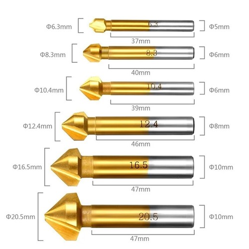 6 Pc 3 Flute HSS Titanium Chamfer Chamfering End Mill Cutter Bit Countersink Set - Picture 2 of 3