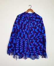 Vintage Handmade Knit Button Front Blanket Poncho Shawl Blue Purple One Size