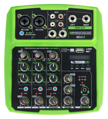 USB-betriebener 4-Kanal Mini-Mixer in Grün mit Bluetooth, USB & Audio-Interface