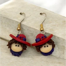 Red Hat Society Dangle Earrings Vintage Lady Head Polymer Clay