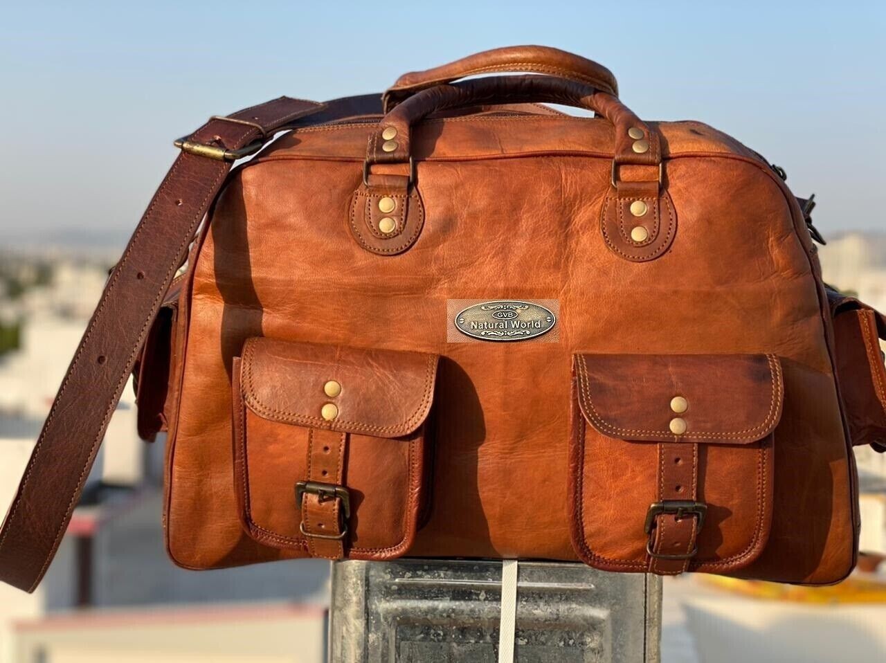 Vintage Brown Leather Duffel Bag for Travel Gym & Weekend Getaways  -image
