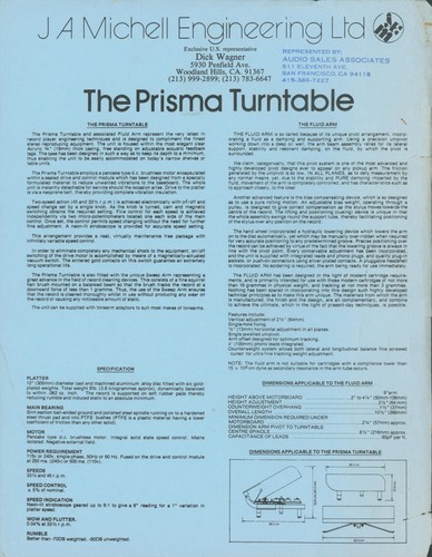 1979 J A Michell Prisma Plattenspieler Vintage Händler Spec Prospekt Original HiFi USA