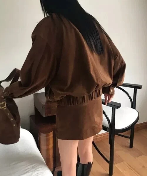 Brown Suede Bomber Leather Jacket Women Size XS S M L XL XXL 3XL Custom Made - Image 2 of 4