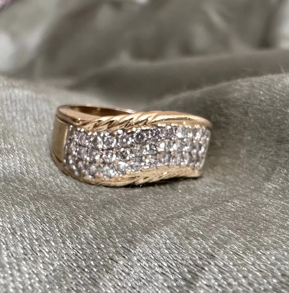 Vintage 14k Solid Gold Curved Ripple Wave Diamond Band Ring Sz 6.75 - Image 2 of 4