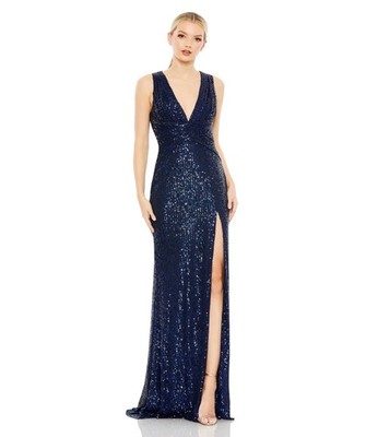 Mac Duggal 26598 Navy Blue V-Neck Sequin Wrap Waist Sleeveless Gown Dress 16