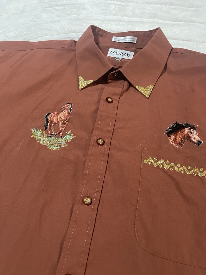 Lucasini Men’s Button Up Handmade Rodeo Swag Horse Brown Shirt Size 19 ...
