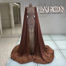 Long Cape Sleeves Muslim Evening Dresses Plus Size Prom Party Gowns Crystals