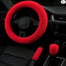 Steering Wheel Cover 3PCS Set   Plush Fuzzy Fur Steering Whel Cove Color: RED