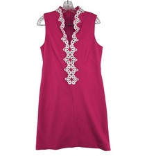 Vince Camuto Dress Womens 8 Pink White Sleeveless Shift Embroidered Trim V Neck