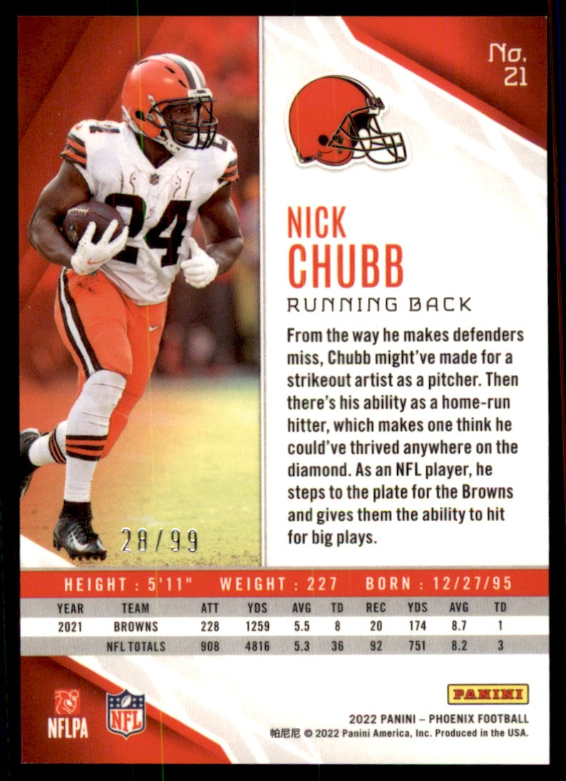 2022 Panini Phoenix - Nick Chubb #21 Purple Lazer /99 for sale