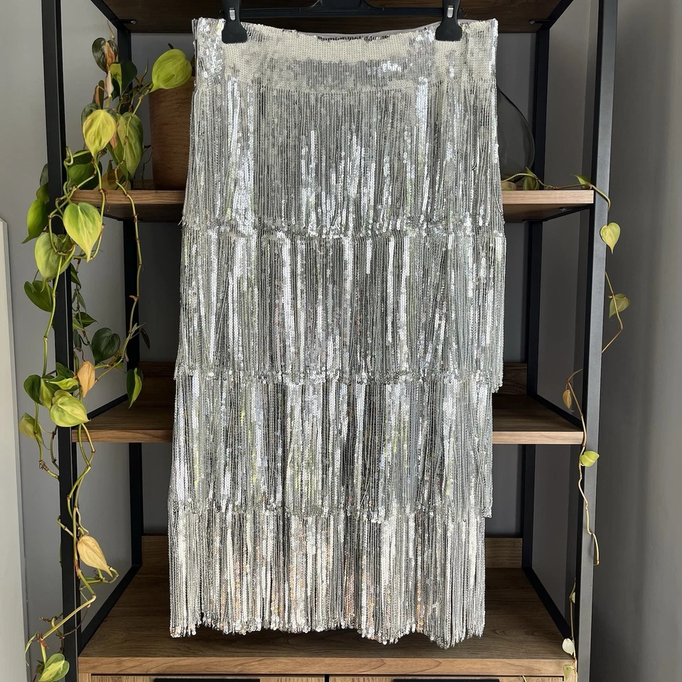 Zara Sequin Fringe Midi Skirt L UK 14 Swishy Silver Tassel Worn Once - Image 3 of 4