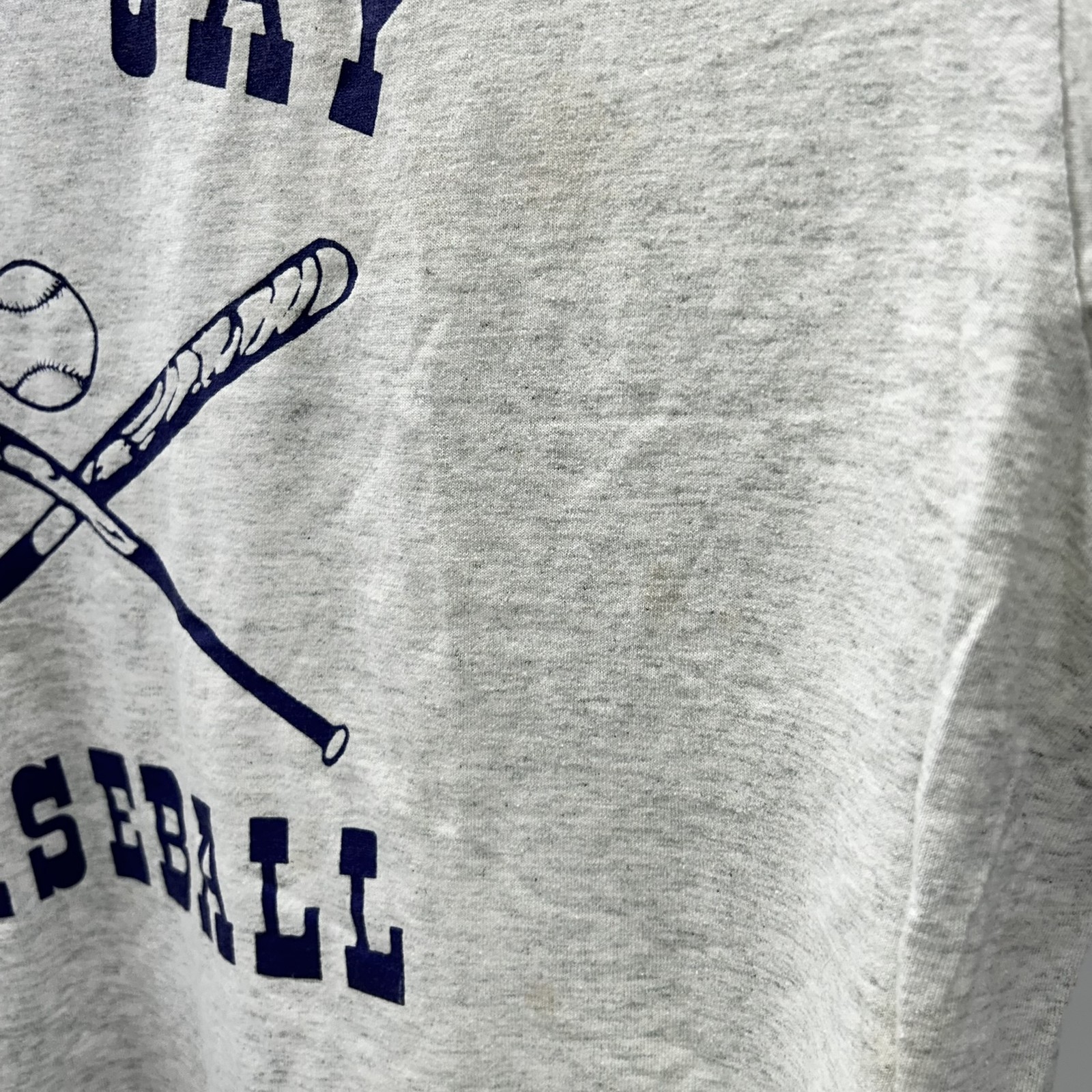 Gray vintage baseball T-shirt with blue “John Jay” text and crossed bat graphic, white XL screen stars on front.