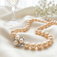 Champagne Faux Pearl Necklace Knotted Rhinestone Flower Clasp Bridal Wedding 19"