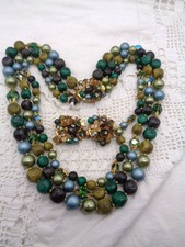 Vintage 3 Strand Shades of Green BEAD  CRYSTAL NECKLACE  Clip EARRINGS SET