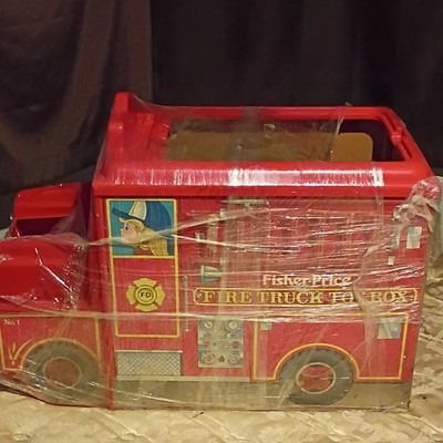 Fisher Price Red Fire Truck Toy Box Plastic Storage Container Vehicle Theme