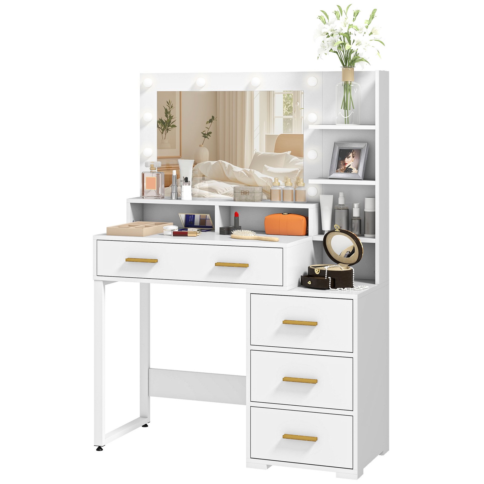 HOMCOM Tavolo da Trucco 4 Cassetti 6 Ripiani Aperti e Specchio in Legno Bianco
