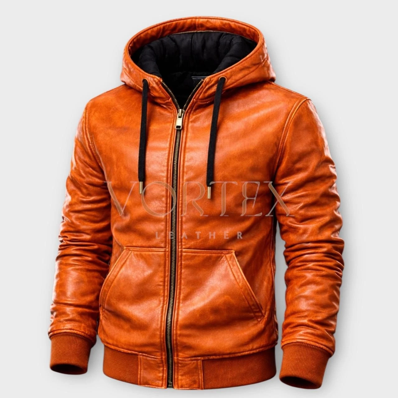 Men's Orange Tone Front Zipper Style Genuine Soft Lambskin Leather Causal Hoodie