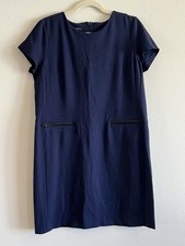 Talbots Petite Dress 14P Navy Blue Ponte Knit Shift Black Trim Pockets Back Zip