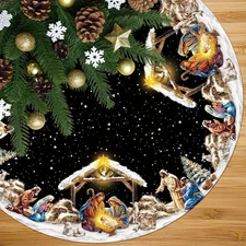 48" Nativity Christmas Tree Skirt Holy Night Black Xmas Tree Mat Decor