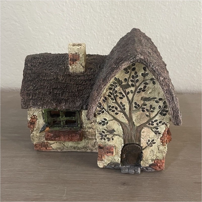 Cottage House Textured Thatched Roof Tree Door Opens Resin
