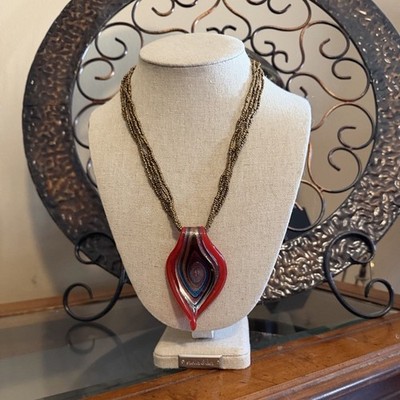 Red Glass Pendant Statement Necklace Beaded Chain Artistic Asymmetrical Charm