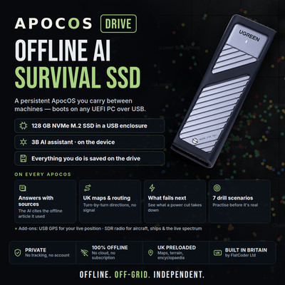 Offline AI Survival SSD - UK Maps, Prepper Library, Off-Grid PC - ApocOS Drive