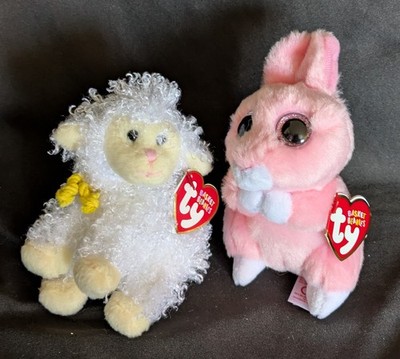 Ty Beanie Baskets Lot of 2 Easter Plush Animals Pink Bunny & White Lamb New