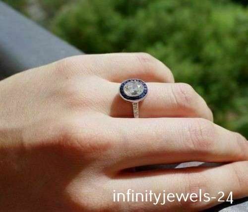 2.Ct Oval Cut Real Diamond Blue Halo Wedding Engagement Ring 14K White Gold Over - Picture 4 of 5