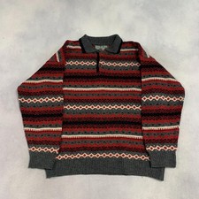 Vintage Abstract Knitted Jumper Patterned Grandad Knit Sweater Men's L