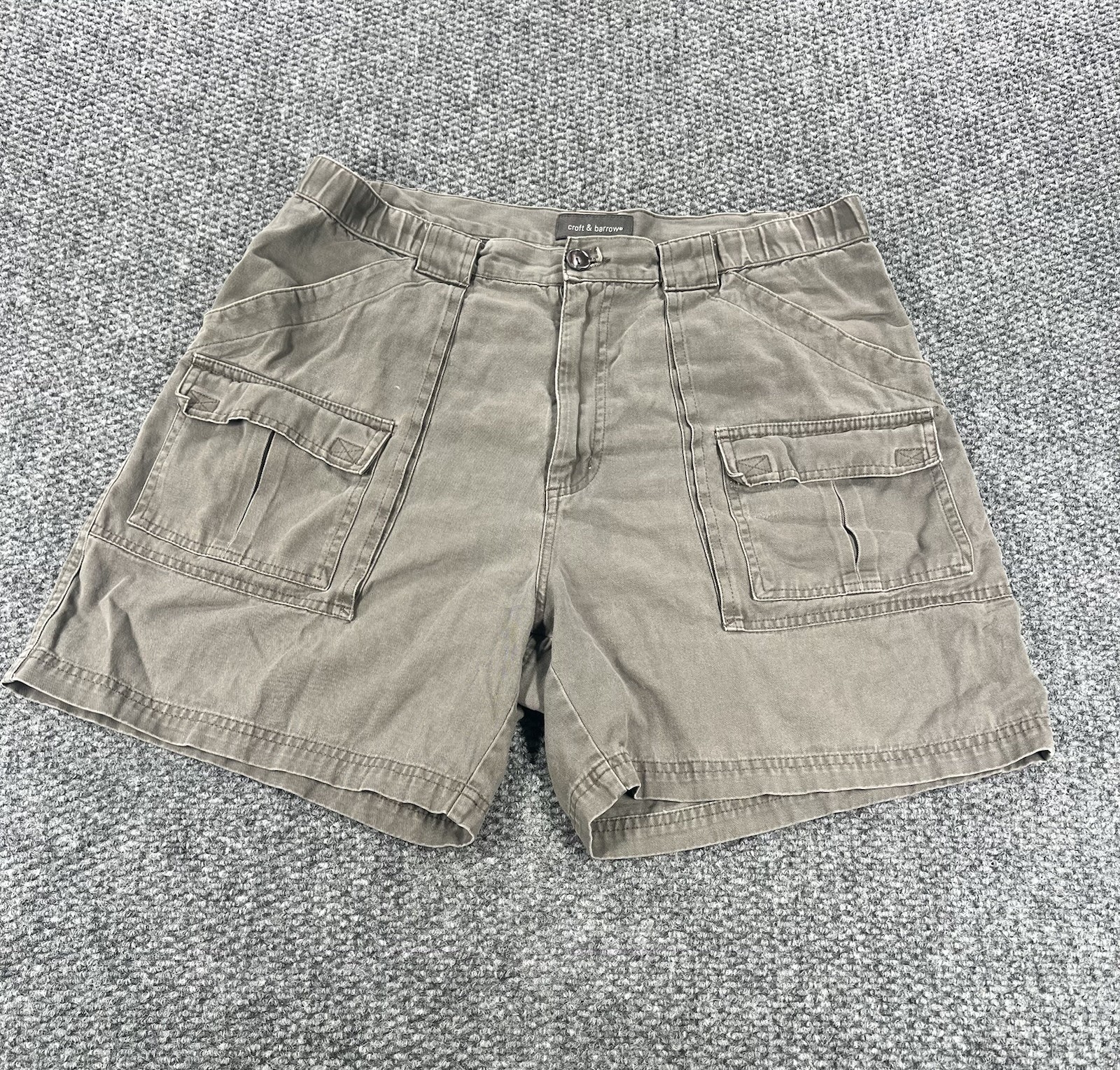 Croft & Barrow Cargo Shorts Mens 36 Khaki Beige Cotton Elastic Sides Fishing