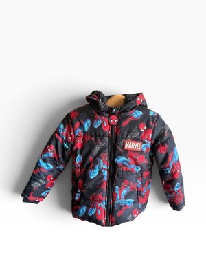 Marvel Spider-Man Boys Puffer Jacket 4T Hooded Fleece Lined Black Red Blue