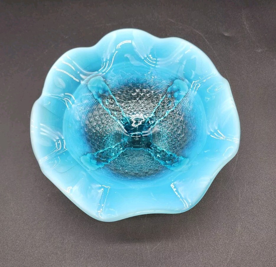 Vintage Northwood Blue Opalescent Ruffled Button Panels Compote Candy