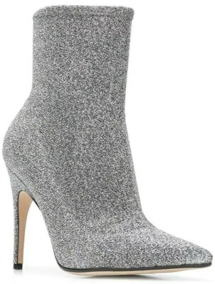 $695 NEW Sergio Rossi Pointed Glitter Ankle Boots Heels Grey