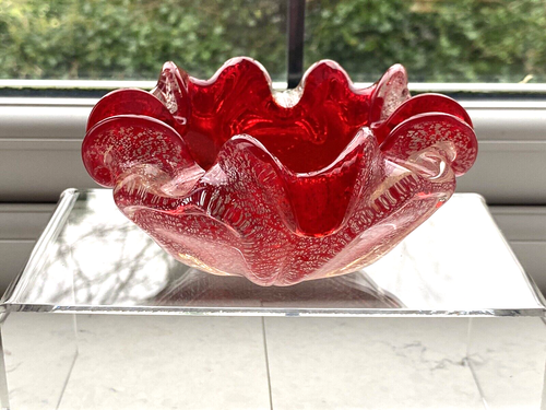 Vintage 1950s Murano LABEL silver aventurine ruffled sommerso glass bowl ashtray - Picture 19 of 19