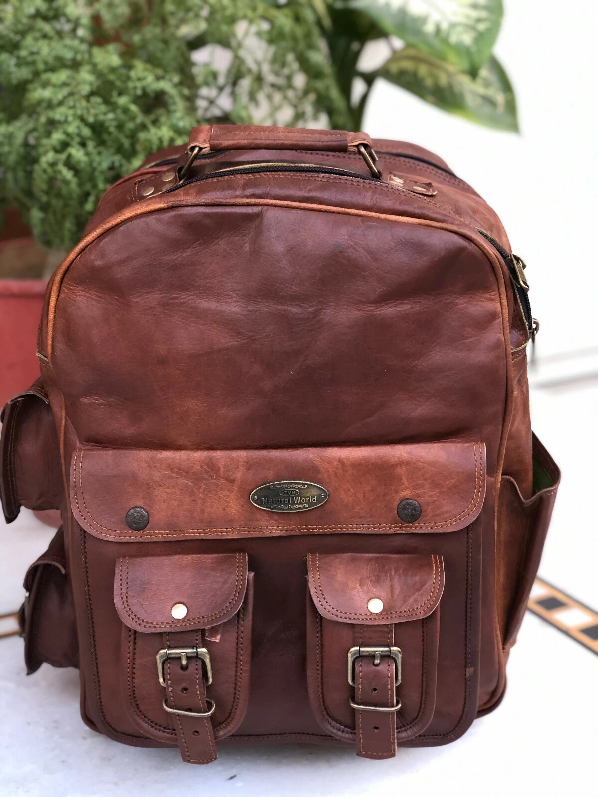 16" Large Oversize Leather Multi Pockets Back Pack Rucksack Travel Bag For Men's