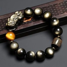 14mm Jewelry Bracelet Gold Obsidian Natural Stone Couple Pixiu Bracelets