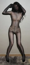 Unisex 0D Shiny Bodysuit Sheer Silky Glittery Full Bodystocking W Gloves & Hood