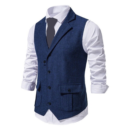 Gilet Uomo Tweed Babbo Tweed Gilet Spina di Aringa Vita Retro Formale Top Senza Maniche - Foto 8 di 16