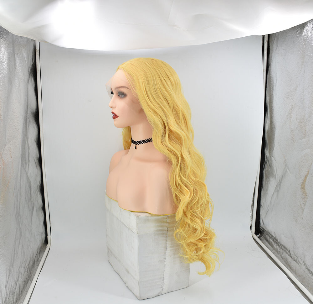 Light Yellow Wig Long Wavy Synthetic Lace Front Wig for Women